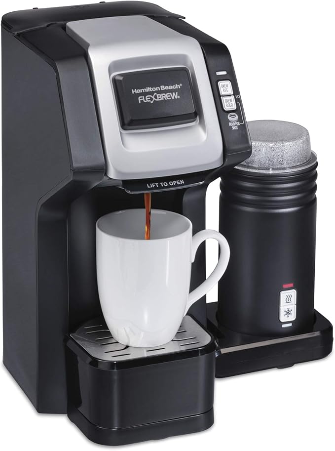 Hamilton Beach FlexBrew Single-Serve Coffee Maker with Milk Frother Compatible with K-Cup Pods and Grounds 1cups Black (49949)