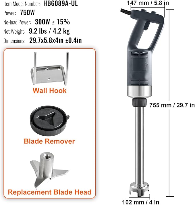 Happybuy Commercial Immersion Blender 750W 16 Heavy Duty Hand Mixer Variable Speed Stick Blender with 304 Stainless Steel Blade Multi-Purpose Portable Mixer