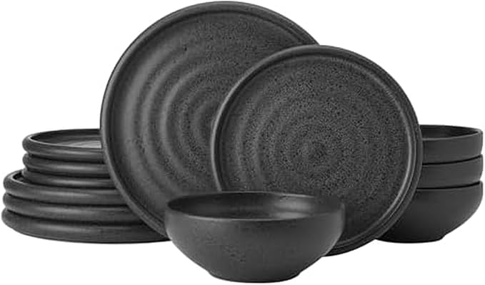 Mikasa Declan 12 Piece Stoneware Dinnerware Set Service for 4 Modern Black Plate and Bowl Dishes with High Rims Black