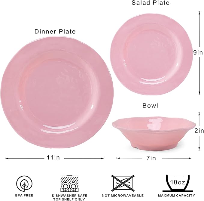 LEHAHA Pink Dishes Melamine Dinnerware Sets 12 Piece Kitchen Plates and Bowls Dinnerware Sets Lightweight BPA free Melamine Dishes for Girls Valentine's Day Mother's Day.