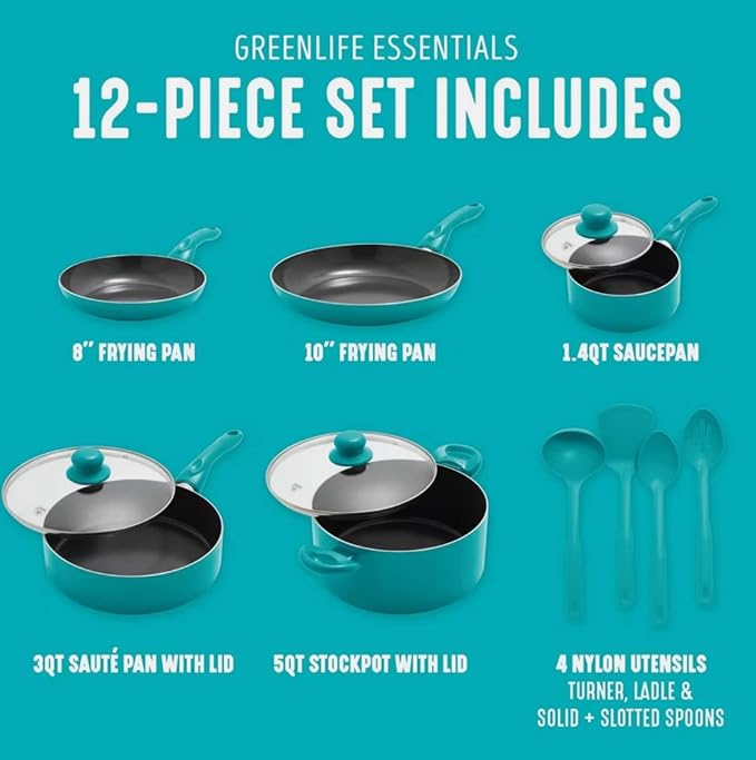Essentials 12pc Ceramic Nonstick Aluminum Cookware Set Dishwasher Safe Induction Compatible Includes 3 Frying Pans 2 Sauce Pans with Lids Ladle &amp Spoons Caribbean Blue