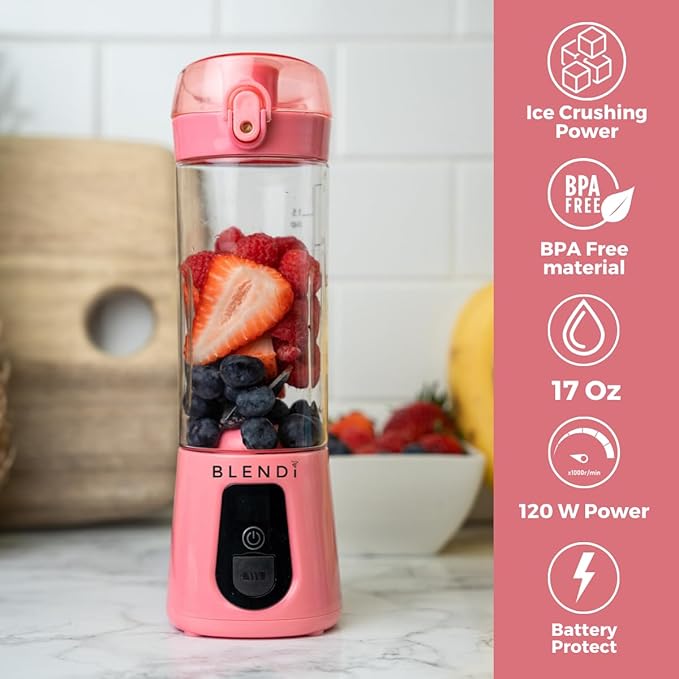 BLENDi Pro+ Portable Blender (17.5oz Blush) – Upgraded 120W Motor USB-C Rechargeable Cordless Personal Blender – BPA-Free Self-Cleaning Travel-Friendly New 2025 Model