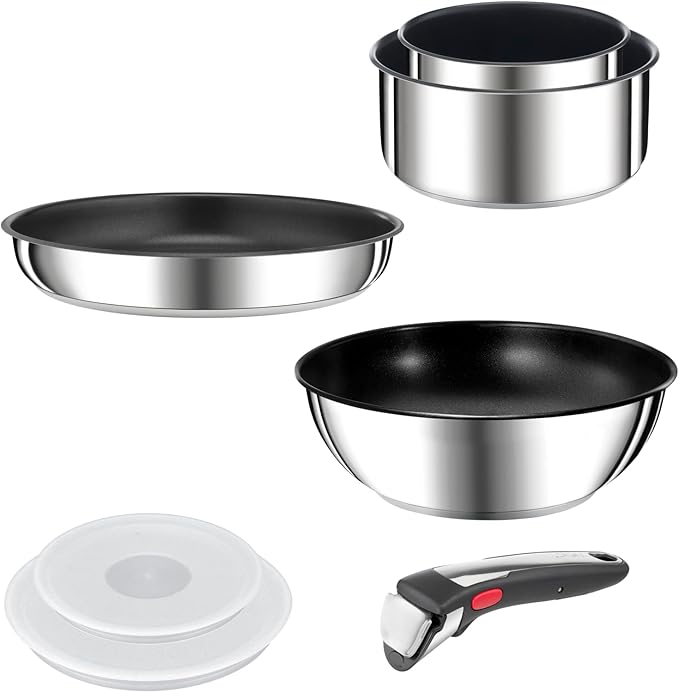 Tefal Ingenio Preference ON Saucepan Set 7 Pieces Stackable Removable Handle Space Saving Non-Stick Induction Stainless Steel L9749702