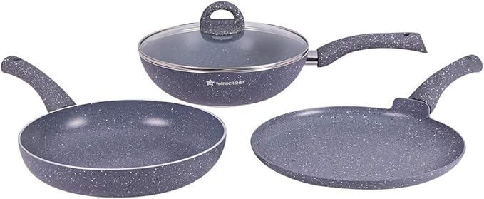 Wonderchef Granite Nonstick 4 Piece Cookware Set(Frying Pan with Lid Wok Dosa Tawa) Induction Bottom Soft-Touch Handles Pure Grade Aluminium PFOA 3.5mm 2 Years Standard Grey