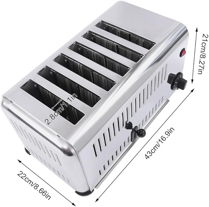 6 Slice Toaster 1680W Stainless Steel Commercial 6 Slice Toaster Bread Baking Machine Cool Touch Toaster with Drawer-type Crumb Tray 5 Toast Settings Timing Functions Wide Slots Fit Any Size Bread