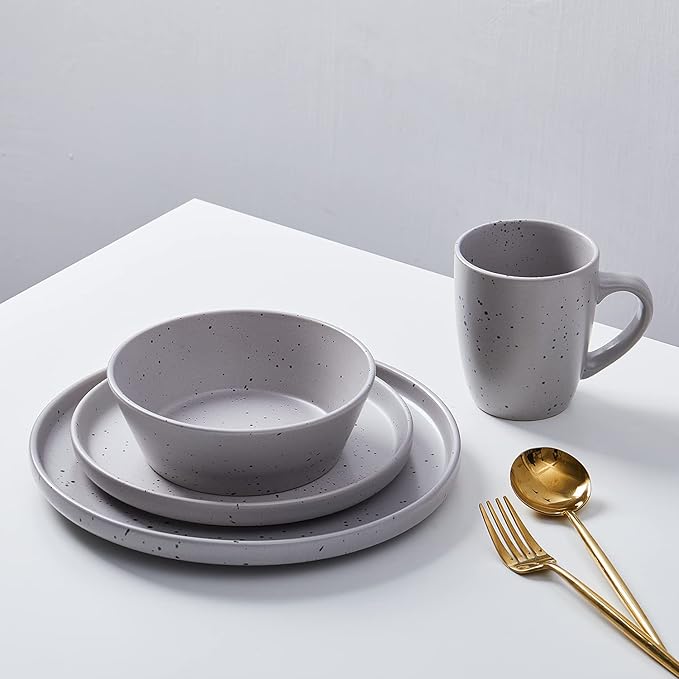 Stone Lain Jade Stoneware 16 Piece Dinnerware Set Home Kitchen Dish Set with Dinner Plates Salad Plates Bowls &amp Mugs - Service for 4 Light Grey