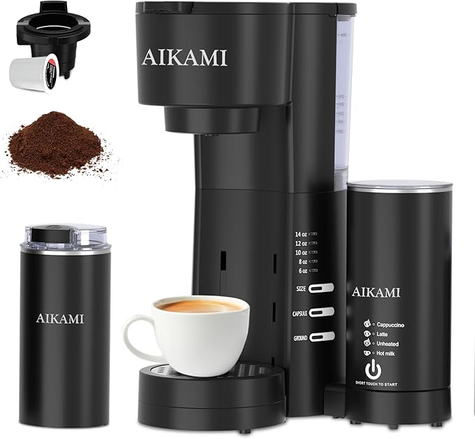 4 IN 1 Single Serve Coffee Maker with Milk Frother and Coffee Grinder Coffee Maker for K Cup and Ground Coffee with 30 oz Removable Water Reservoir 6 to 14 oz. Brew Sizes Coffee Machine for Home