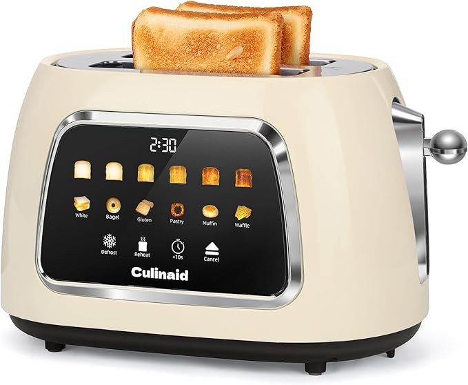 Toaster 2 Slice Smart Touch Screen Retro 1.5'' Extra Wide Slot Stainless Steel Digital Bread Toaster with Memory Function Bagel Defrost 6 Browning Levels and Removable Crumb Tray Cream