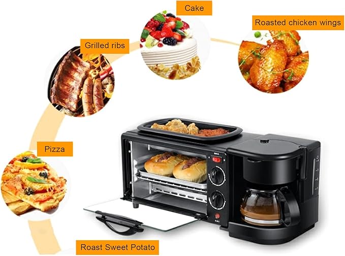 Breakfast Station 3 in 1 Toaster Oven ＆ Coffee Maker Large Capacity Versatile Breakfast Maker with 100°C-230°C Adjustable Temperature and 60min Timer for Apartments Kitchen