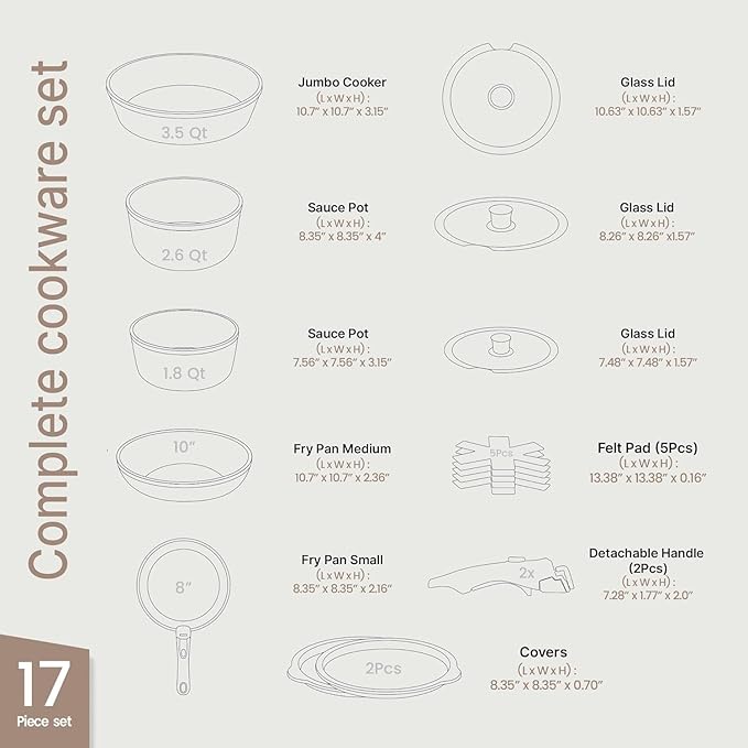 Bakken 17-Piece Ceramic Coated Aluminum Cookware Set Nonstick Pots and Pans with Lids Silicone Cooking Utensils &amp Oven Mitts All Stovetop Safe Up To 500°F PTFE &amp PFAS Free Dishwasher Safe