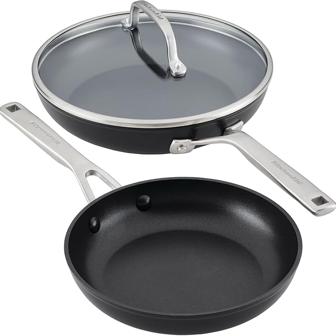 KitchenAid Hard Anodized Induction Nonstick Frying Pan Set With Lid 3-Piece – 8 &amp 10 Inch Skillets Durable Even Heating Dishwasher &amp Oven Safe Easy-Clean Matte Black