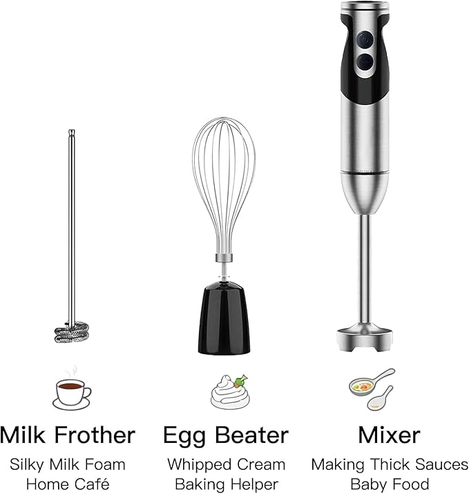Megawise High-Power Hand Blender – 400W Max Power with Versatile 3-in-1 Attachments (Blending Shaft Whisk Chopper) Ergonomic Design with Adjustable Speed Control Easy to Clean and Maintain (Black)