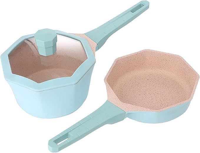 Soup Pot Non-Stick Cookware Set Pots and Pans Set for Cooking Ceramic Coating Saucepan Stock Pot with Lid Frying Pan Pink/Blue (2 One Size)