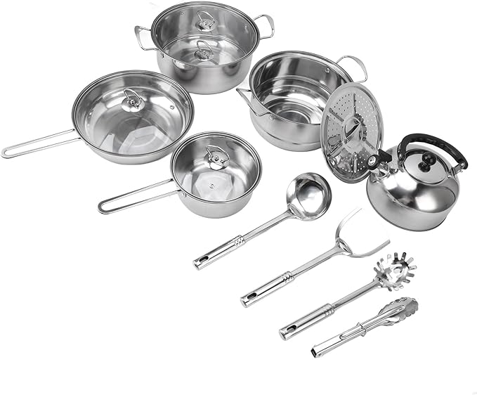 Stainless Steel Cookware Set | 12 - Piece Nonstick Pots &amp Pans Set for Kitchen/Restaurant/Home | Thickened Rustproof Induction Compatible