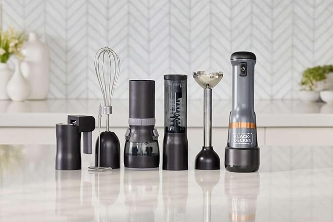 Kit Hand Blender 7.2V Grey with 6 Accessories (Mixer Rods Corks Opener Cans Pepper Shaker Skimmer)