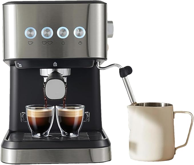 Semi-Automatic Espresso Coffee Machine Stainless Steel Small Drip Coffee Maker with Built-in Milk Frother and 15-20Bar Pump Single &amp Double Serve Coffee 110V 1050W