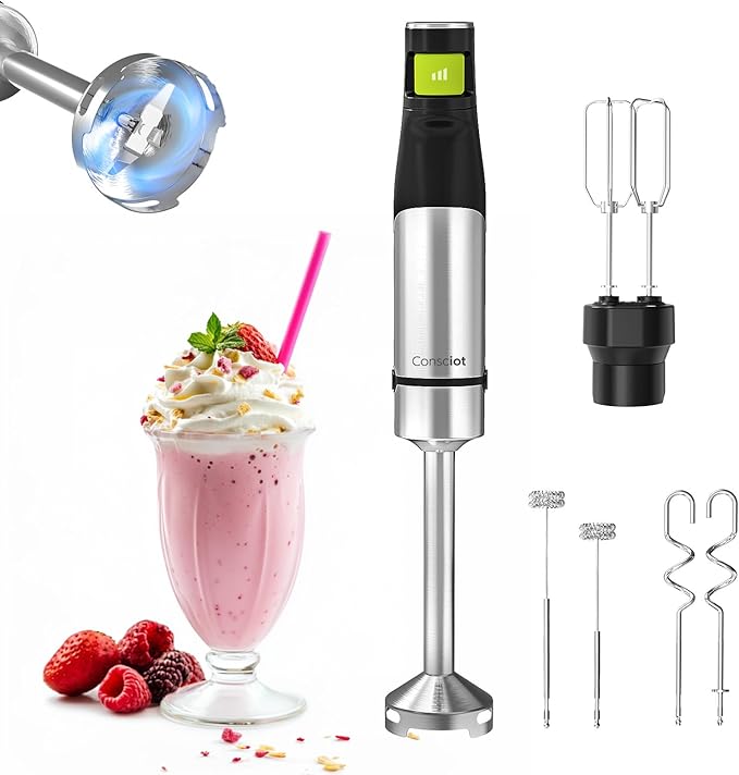 Consciot 4-in-1 Immersion Blender Handheld Max 1100W Corded Stick Emulsifier with Entire Stainless Steel Blender Shaft Trigger Speed Control For Blending Beating Frothing Mixing &amp More Non-