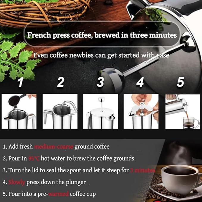 Cafetiere French Press Coffee Maker 350ml/15oz 304 Stainless Steel Portable Double Wall Insulated Heat Resistant Coffee Press for Woman Man Silver Color for Home Camping and Office