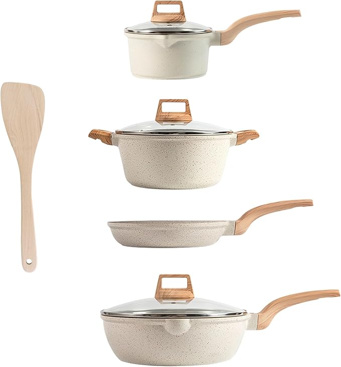 Kitchen Cookware Set Pots and Pans Set White Nonstick Granite Coating Dishwasher Safe Fast Even Heat Induction Frying Pan Stockpot Sauce Pan