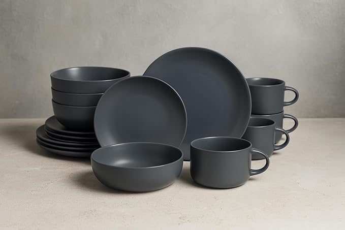 10 Strawberry Street Wazee Matte Coupe Dinnerware Set 16 pc Charcoal Gray