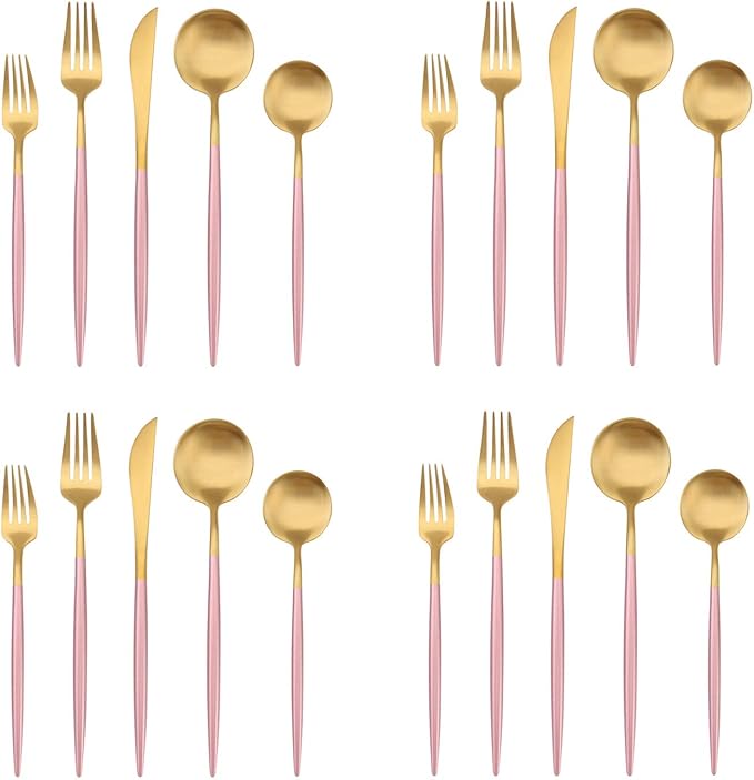 Matte Gold Silverware Set with pink handle Bysta 20-Piece Stainless Steel Flatware Set Kitchen Utensil Set Service for 4 Tableware Cutlery Set for Home and Restaurant Satin Finish Dishwasher Safe