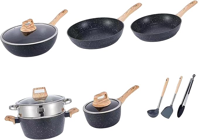 10 Piece Nonstick Cookware Set Frying Pan Saucepan Saute Pan Steam Rack Sturdy Scratch Resistant Coating Even Heat Distribution Modern Design for Home Cooks (Black)