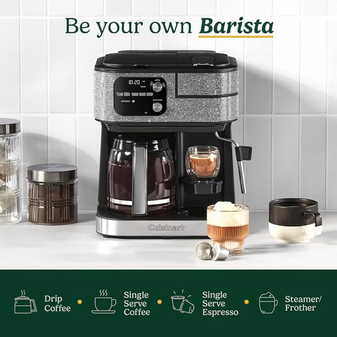Cuisinart Coffeemaker Coffee Center Barista Bar 4-In-1 Coffee Machine Single-Serve Coffee Espresso &amp Nespresso Capsule Compatible 12-Cup Carafe Silver Crystal SS-4N1SC