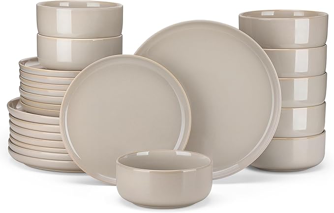 vancasso PLAYA Ceramic Plates and Bowls Sets24 Pieces Grey Dinnerware Sets for KitchenReactive Glaze Dishes Set for 8 Dishwasher and Microwave Safe