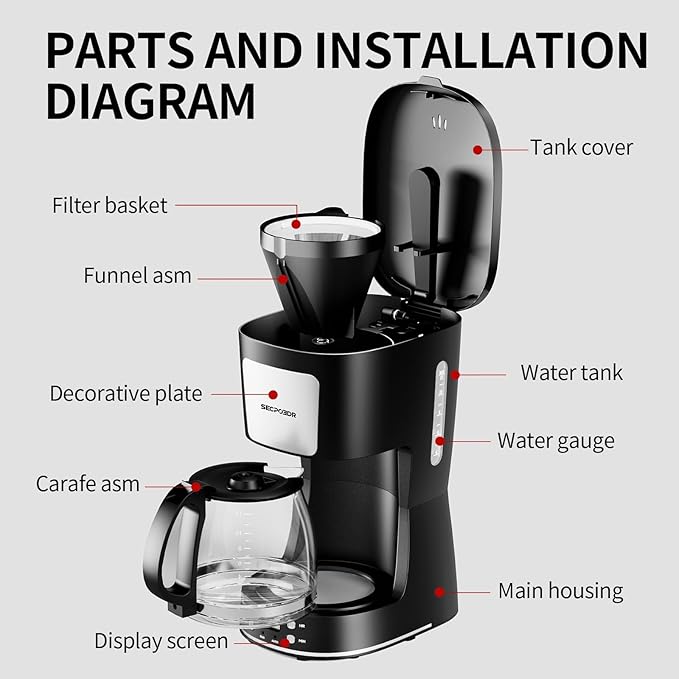 12-Cup Drip Coffee Maker with Reusable FilterProgrammable ClockAuto BrewWater WindowKeep Hot PlateGlass CarafeCompact Design for KitchenOfficeSilver and BlackStainless Steel