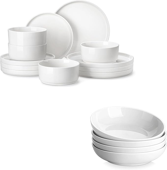 MALACASA 12 Pieces Porcelain Dinnerware Set Bundles 8.85 Large Pasta Bowls Set of 4