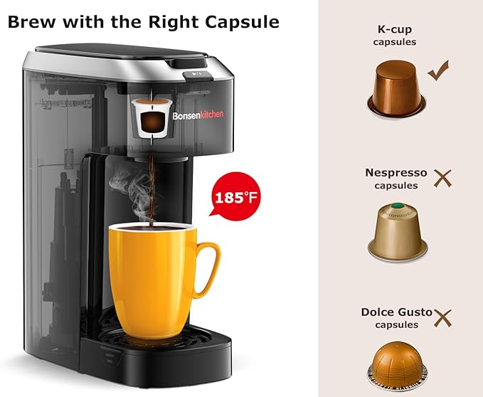 Bonsenkitchen Single Serve Coffee Maker K Cup Pod with 6-14oz Brew Size- 3 Min Fast Brewing Machine with Strength Control BPA-free Materials Fits 6.6 Travel Mugs Silver Upgrade