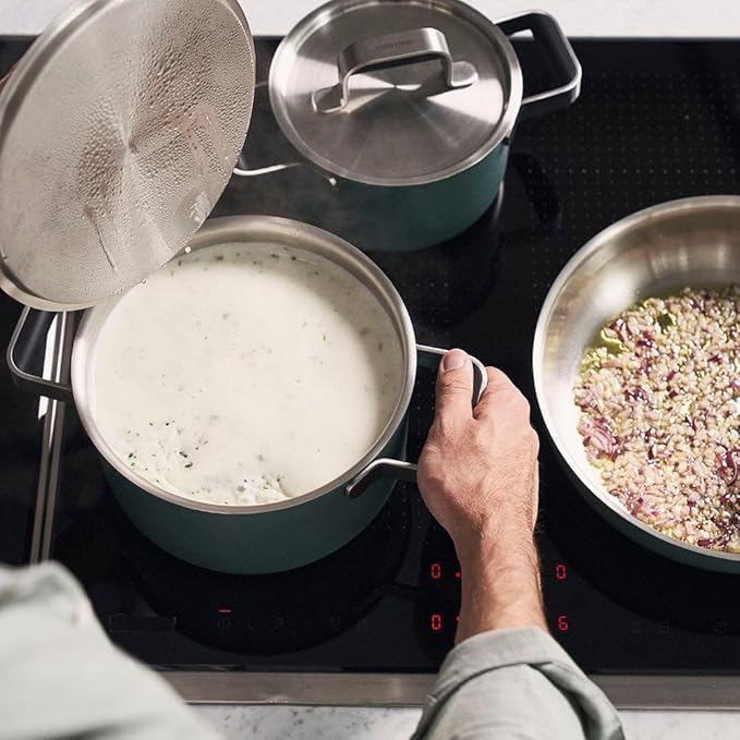 ZWILLING Pure Cookware Green Set of 3 3Ply Stainless Steel Coloured Ceramic Outer Coating Stay Cool Handles Dishwasher Safe
