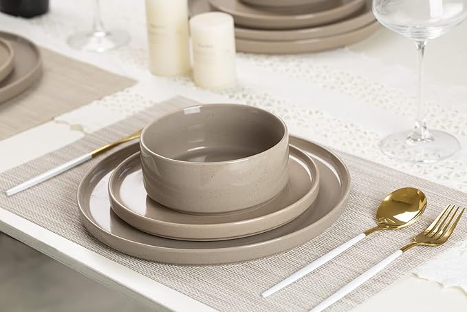 Famiware Nebula Plates and Bowls Set of 12 and Milkyway 4oz Dipping Bowls Set of 6 18 Pieces Dinnerware Sets Cinnamon Brown