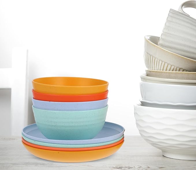 12pcs Wheat Straw Dinnerware Set with Unbreakable Plates Bowls and Cups Microwave Safe Colorful Tableware and Camping Use