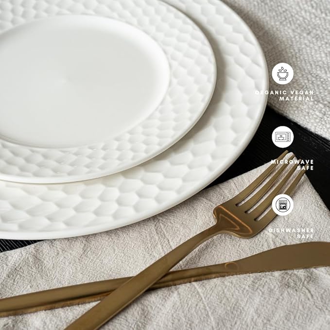 New Bone China 12 Piece Dinnerware Set Santorini Collection (Honeycomb) White Daily Use China Embossed Tableware Service for 4
