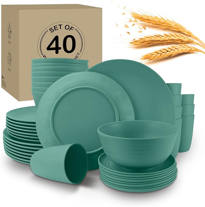 Wrova 40Pack plates and bowls sets for kids - Unbreakable wheat straw dinnerware sets service for 8 - Alternative plastic 40pcs dish sets for kitchen camping and indoors dinning - (Green)