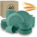 Wrova 40Pack plates and bowls sets for kids - Unbreakable wheat straw dinnerware sets service for 8 - Alternative plastic 40pcs dish sets for kitchen camping and indoors dinning - (Green)