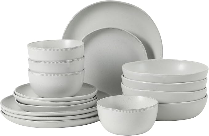 Gibson Elite Menlo Park 16-Piece Pottery Clay Stoneware Dinnerware Set – White Reactive Glaze Embossed Plates and Bowls W/Pasta Bowl Service for 4 – Microwave &amp Dishwasher Safe