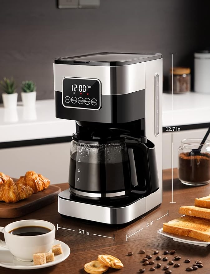 SHARDOR 10-Cup Programmable Coffee Maker Regular &amp Strong Brew Drip Coffee Machine for Home and Office Auto Shut Off Permanent Filter Silver