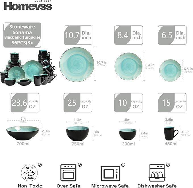 Stoneware Sonoma 56pc Dinnerware Set Black + Speckled Spin Wash Turquoise