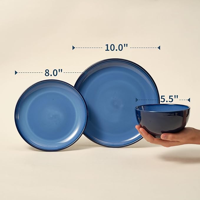 16 Piece Double Bowl Dinnerware Sets for 4-Modern Blue Stoneware Dinnerware Set-Scratch Resistant Dishwasher Safe Plates and Bowls Sets Ceramic Dish Set Bowl and Plate Set