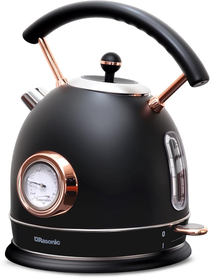 Rasonic Retro Electric Kettle Stainless Steel 1.8L Tea Water Boiler 1500W Fast Quiet Boil Temperature Gauge Auto Shut-Off Boil-Dry Protection Matt Black and Rose Gold