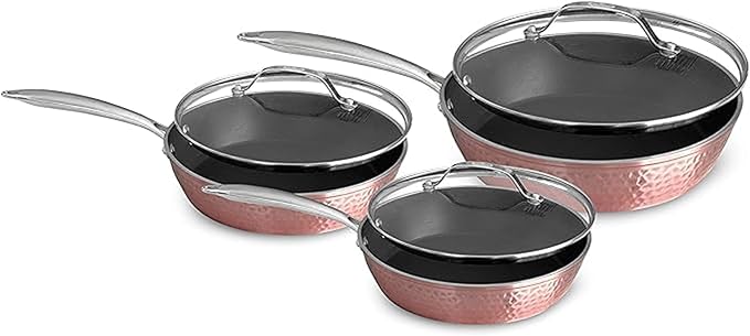 Luxurious Non-Stick Ceramic 3 Piece Rose Gold Cookware Set with Lid Lightweight Scratch-Resistant Dishwasher Safe Oven Safe up to 500°F Suitable for All Stove Types
