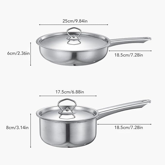 Fockety Stainless Steel Cookware Set Kitchen Cookware Set Stainless Steel Pot and Pan Set Soup Pot Milk Pot with Frying Pan for Stir Frying Boiling Soup Barbecue
