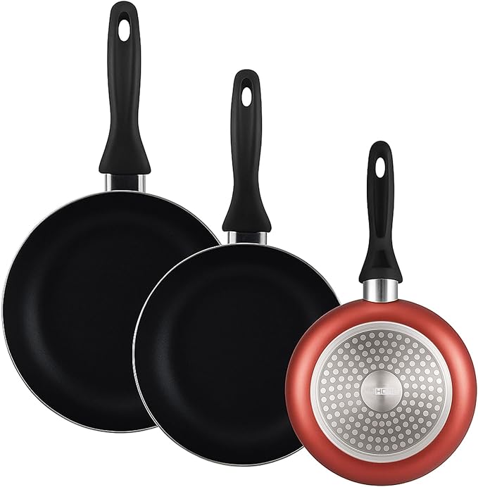 Well Home Set of 3 Pans Diameter 16 x 20 x 24 cm Made of Pressed Aluminium Copper Metallic + 3-Piece Cookware Set Acacia