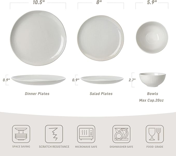 Famiware Moonlight Plates and Bowls Sets 12 Pieces Stoneware Dinnerware Sets with Linen Finish Handmade Dishware Set for 4 Microwave and Dishwasher Safe Chip and Scratch Resistant White