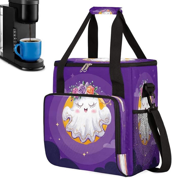 Halloween White Ghost Flower Coffee Maker Carring Bag Travel Carrying Storage Tote Bag Compatible with Keurig K-Mini or K-Mini Plus Portable Single Serve Coffee Brewer Case with Pockets
