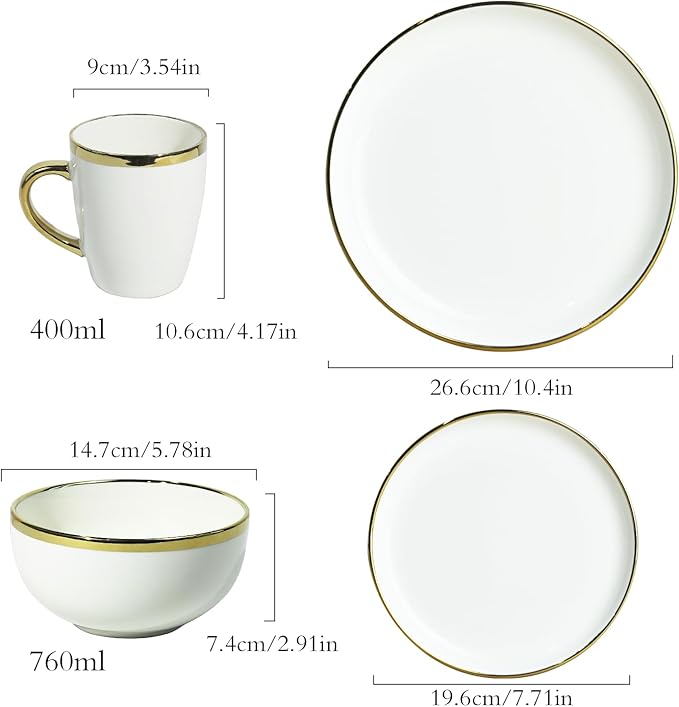 White and Gold Ceramic Dinnerware Sets for 4 16-Piece Luxury Plates and Bowls Sets with Gold Rim Modern Dish Set for Wedding Christmas Anniversary Crack Resistant | Dishwasher Safe (White)
