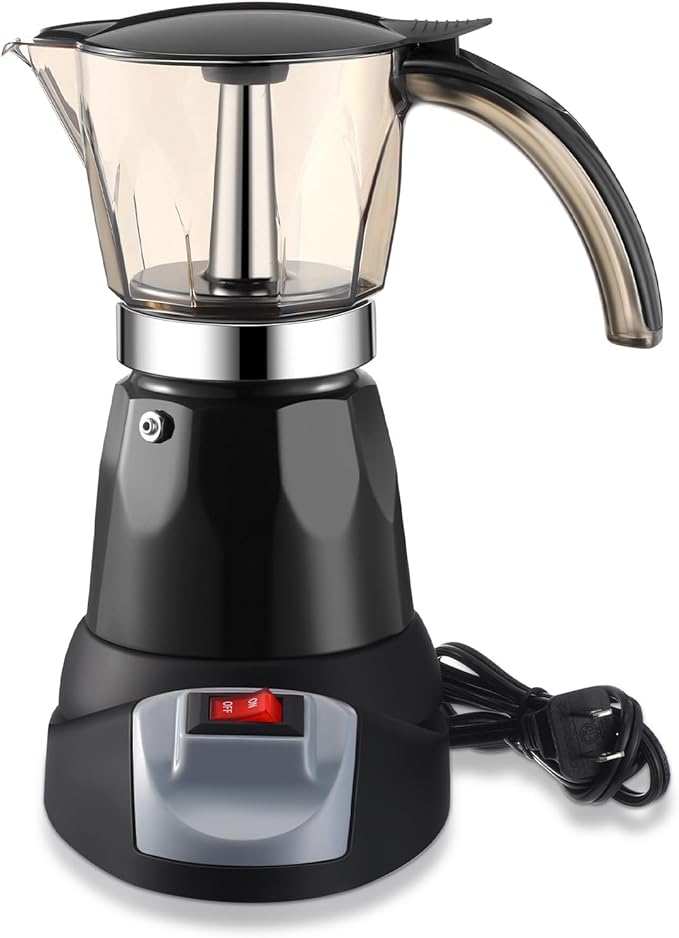 Electric Espresso Maker Transparent Coffee Maker Electric Moka Pot Portable Aluminum Espresso Machine Italian Moka Pot with Detachable Base Coffee Gift for Women Men Home Travel(Black6 Cup)