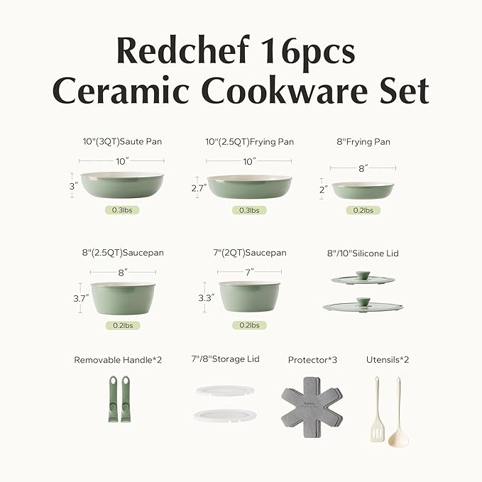 Redchef Ceramic Nonstick Pans and Pots Set Ceramic Cookware Set with Detachable Handles16Pcs Induction Dishwasher Oven Safe Kitchen Cooking Set PFAS PFOA &amp PTFE Free Green